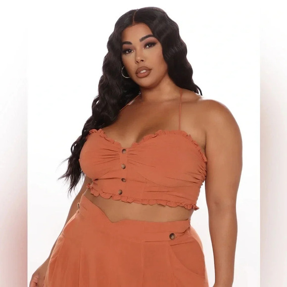 Fashion Nova Heads Up Linen Halter Top Cropped Linen blend Camel Size XL - Picture 3 of 13